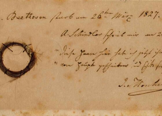 image of a circular lock of Beethoven's hair attached to an old piece of paper with something written in cursive script