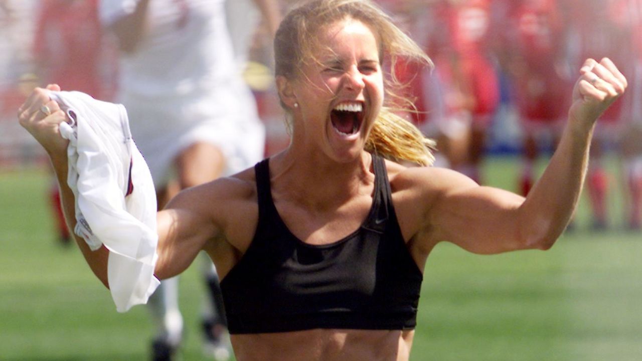 Brandi Chastain celebrates after scoring in the penalty shootout in the  Women's World Cup final in 1999.