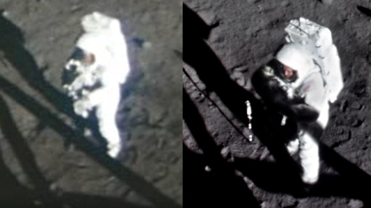 NASA's original 16mm film footage of Armstrong on the surface (L), and Saunders' restored version (R).
