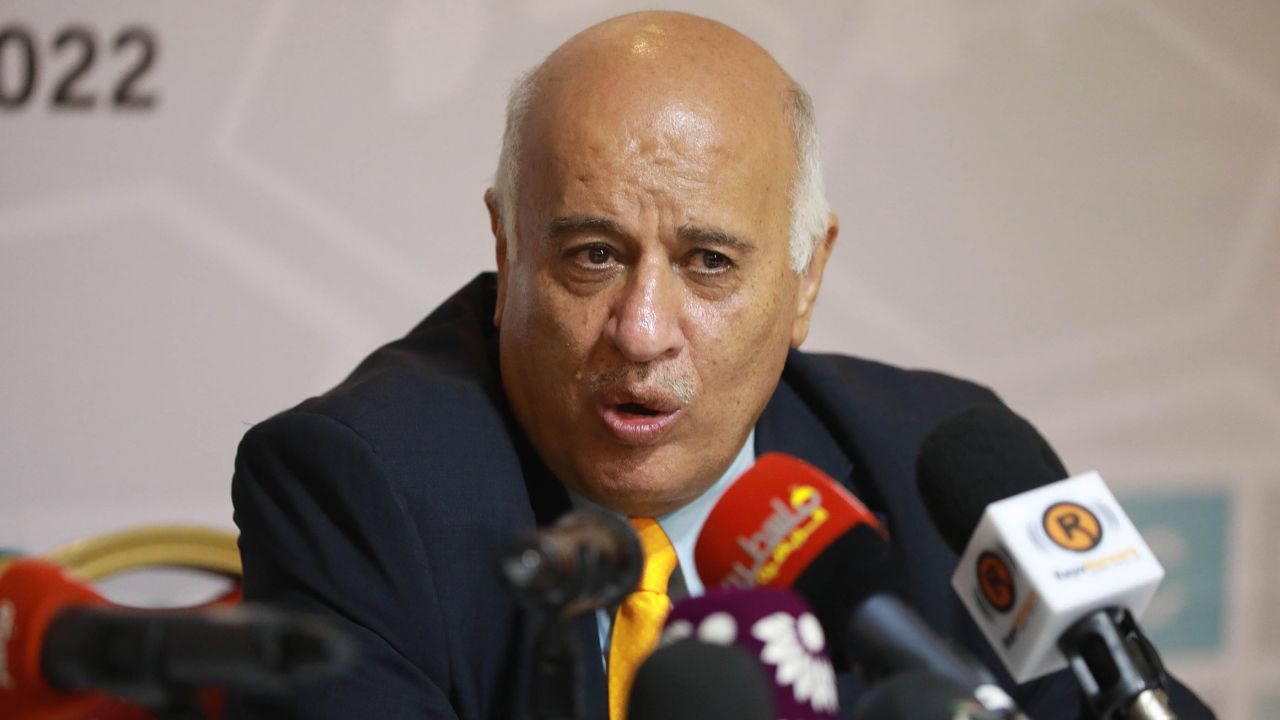 The president of the Palestinian FA Jibril Rajoub holding a press conference with IOC President Thomas Bach (not seen) after their meeting in Ramallah, West Bank, on September 19, 2022.