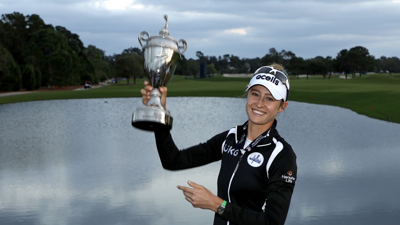 Korda poses with the Pelican Women's Championship trophy after victory in Belleair, Florida.
