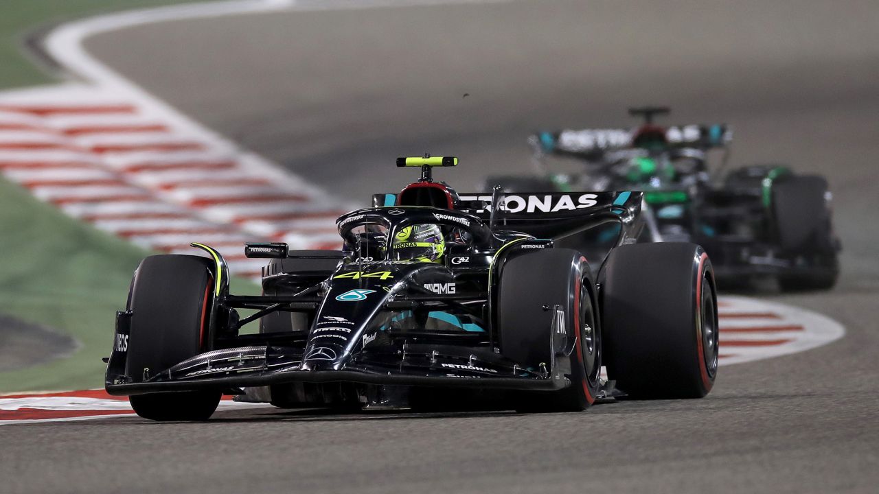 Hamilton of Great Britain drives on track during the Bahrain Grand Prix.