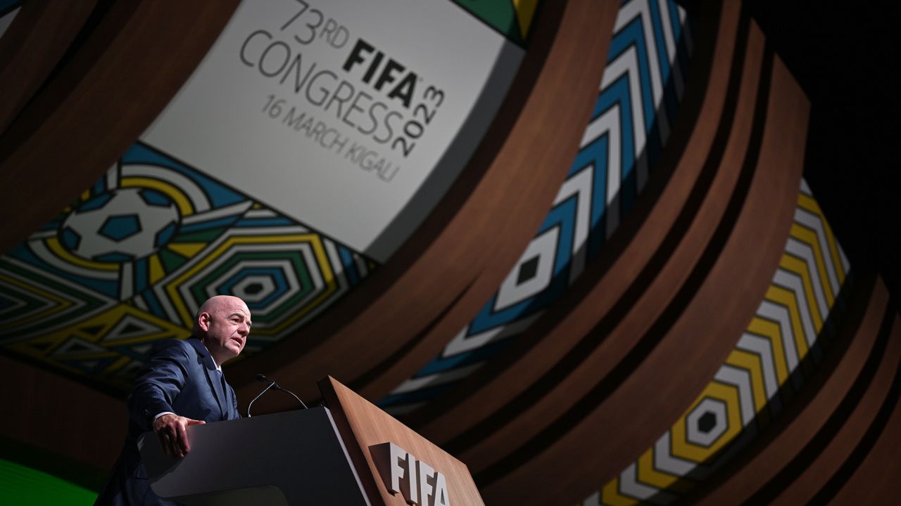 Infantino delivers his closing remarks at the FIFA Congress in Kigali.