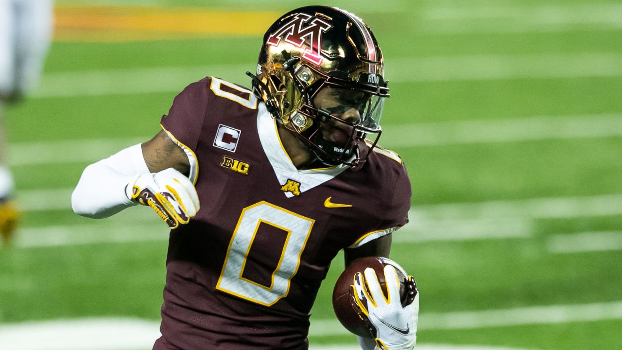 Baltimore Ravens wide receiver Rashod Bateman wearing the #0 jersey when he played in college for the Minnesota Golden Gophers.