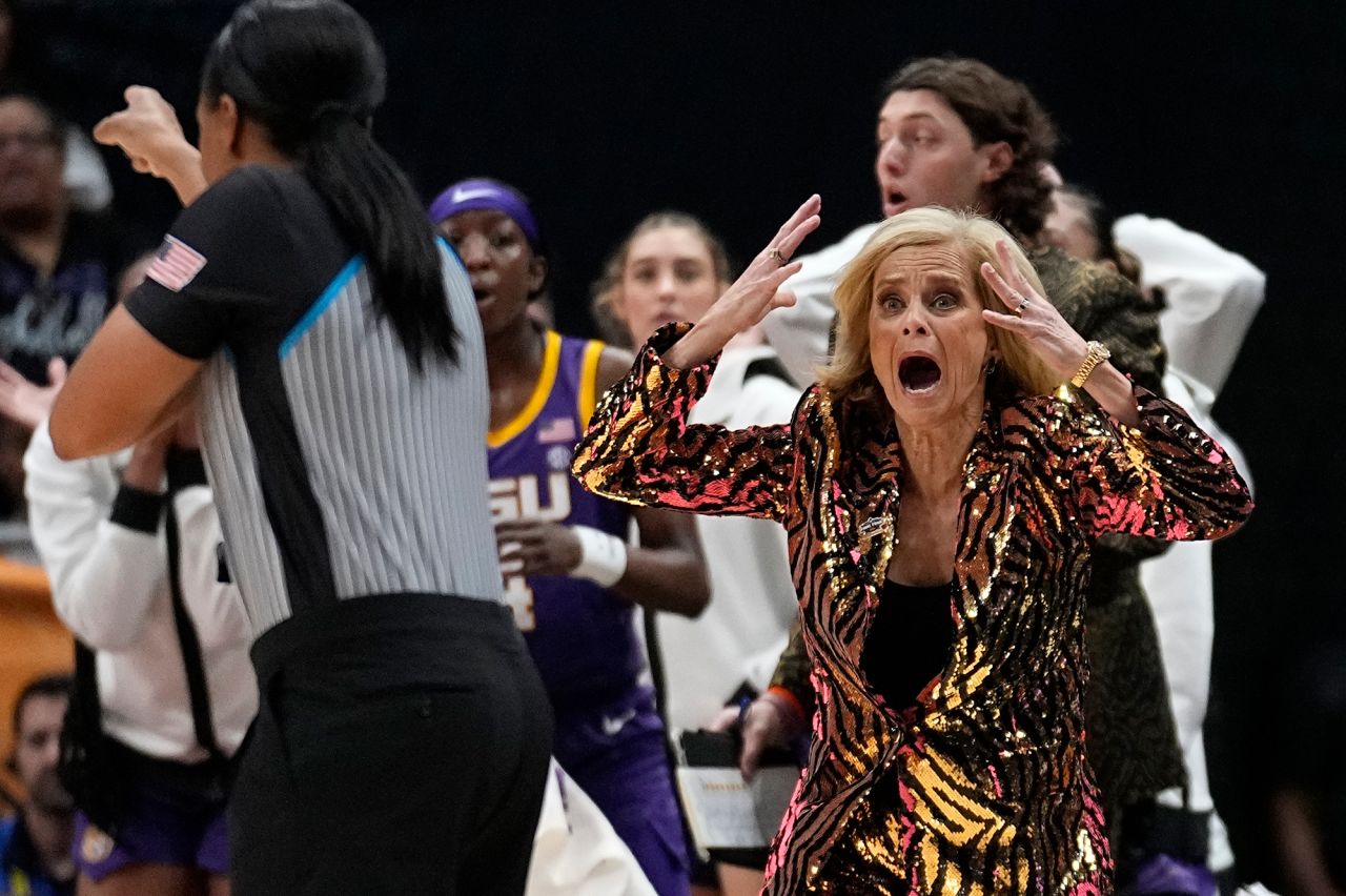 Mulkey reacts to a call during the first half.