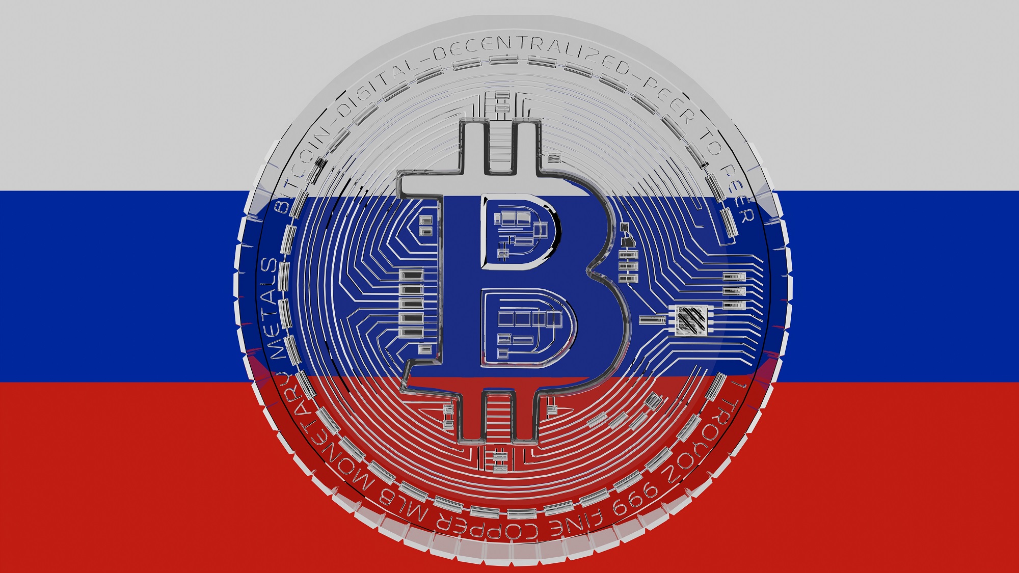 A transparent token featuring the Bitcoin logo in the center in front of the flag of Russia.