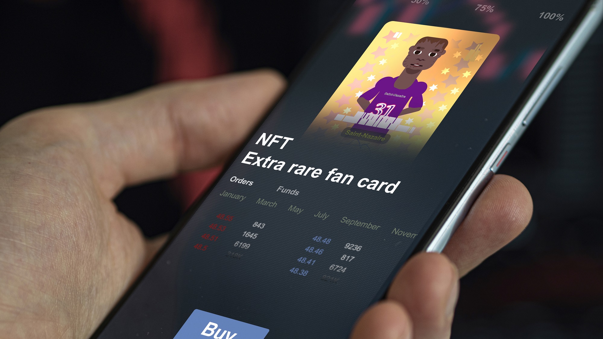 A smartphone user holds a device with an image of a sports player on it. Text reading “NFT Extra Rare Fan Card” is displayed below the image, along with a “Buy” button.