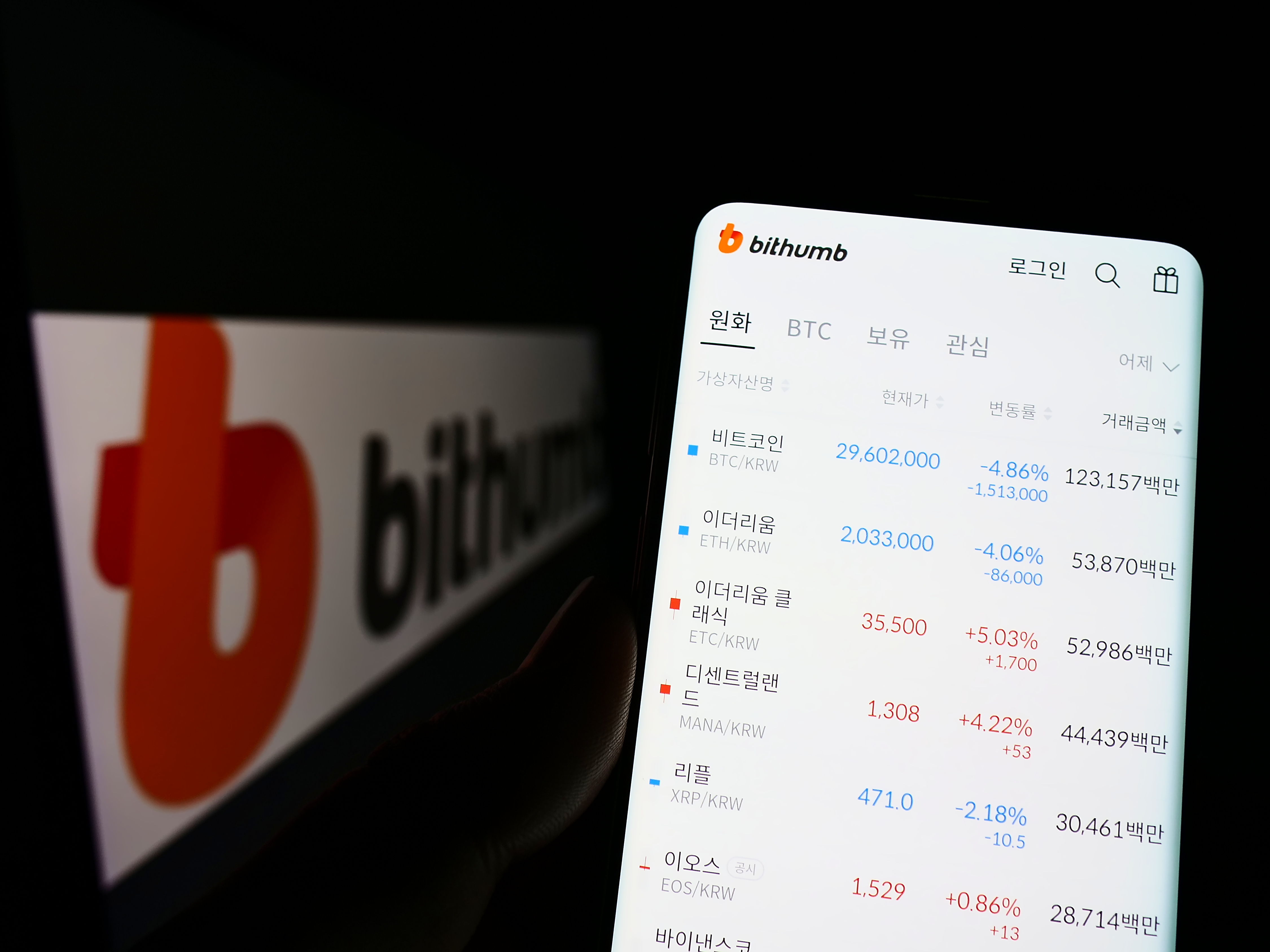 A cellphone displays the app of the South Korean crypto exchange Bithumb on its screen, with the exchange&rsquo;s logo visible in the background.