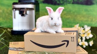 Ein weißer Hase sitzt auf zwei braunen Amazon-Paketen auf einem Feld mit einer Kaffeemaschine im Hintergrund