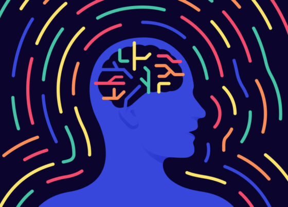 An illustration of a blue person from the shoulders up with their head turned in profile and the outline of their brain. There are several different colored lines following the contour of the person.