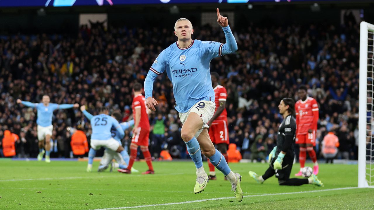 Haaland celebrates Man City's third goal against Bayern Munich.