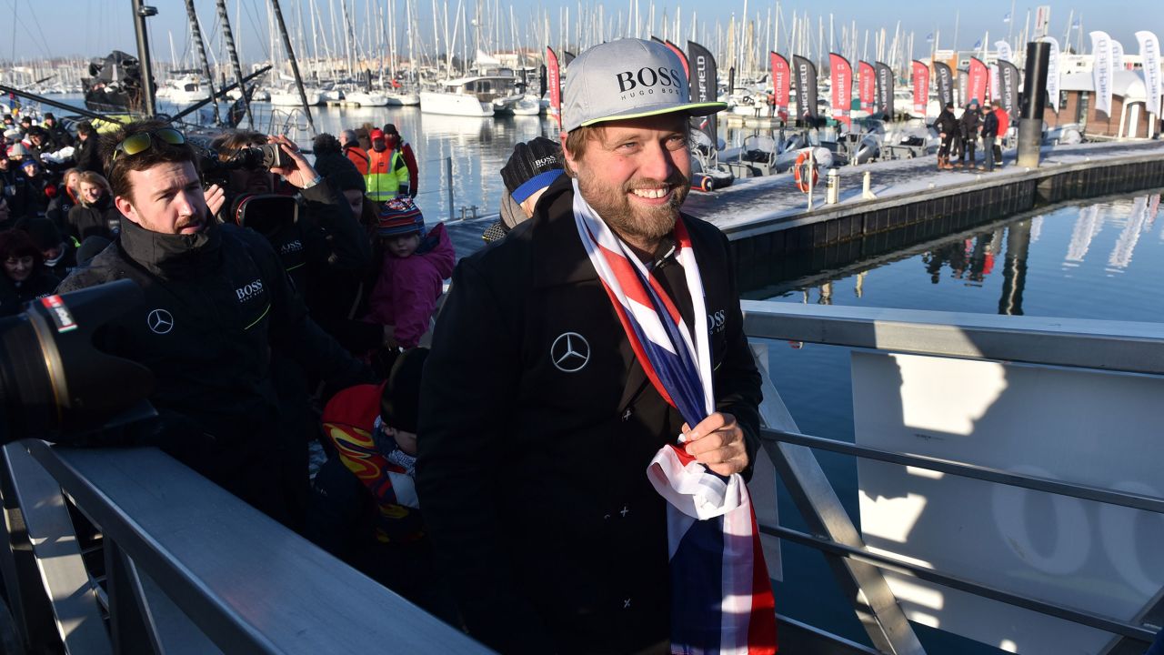 Thomson celebrates finishing second at the Vendée Globe in January 2017, a few hours after French sailor Armel Le Cléac'h.