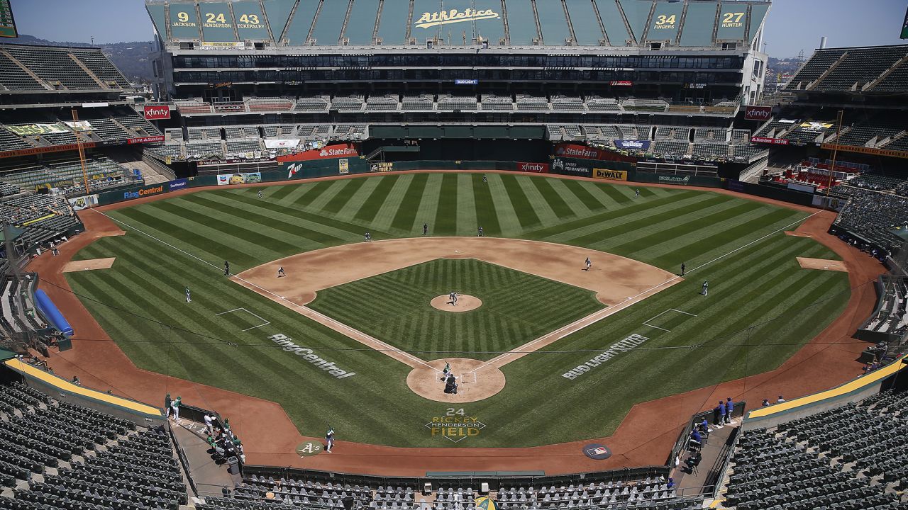 A general view of play between the Oakland Athletics and the Texas Rangers at Oakland-Alameda County Coliseum on August 6, 2020.