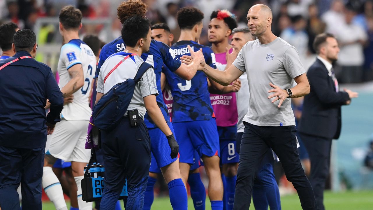 Berhalter speaks with Josh Sargent after the 0-0 draw between the US and England at the 2022 Qatar World Cup.