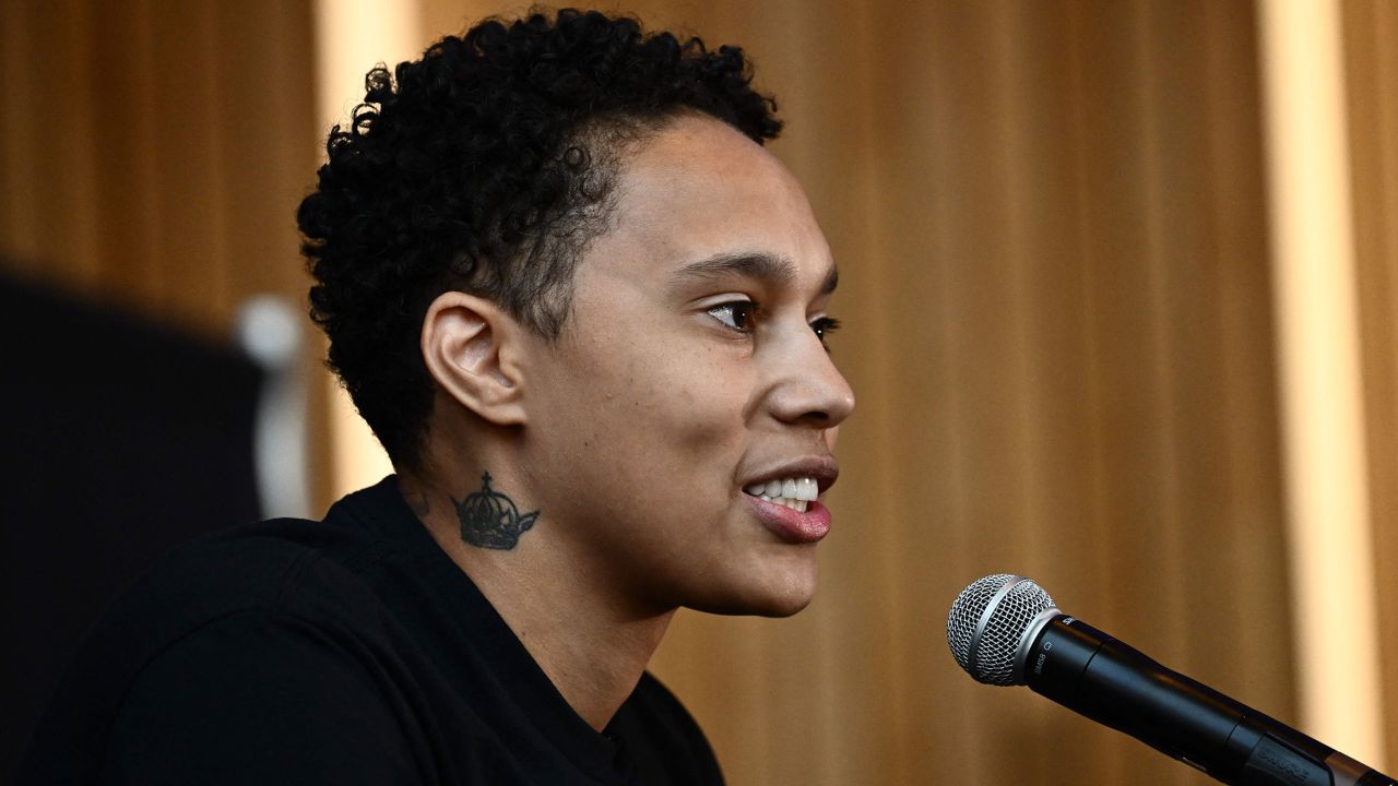 Griner speaks to the media during a news conference on April 27, 2023.