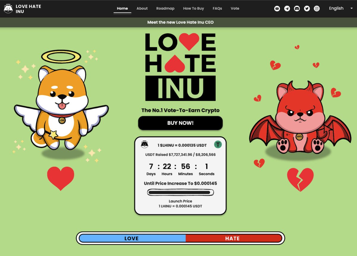 Shiba Inu Killer Love Hate Inu Raises $7.7 Million – 7 Day Countdown Begins for Huge Price Increase