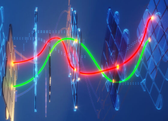 illustration of red and green squiggle lines passing through several grids