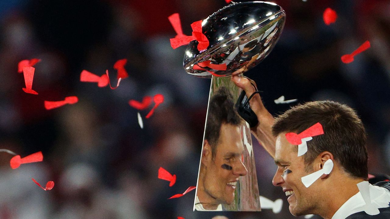 Brady celebrates after defeating the Kansas City Chiefs in Super Bowl LV.