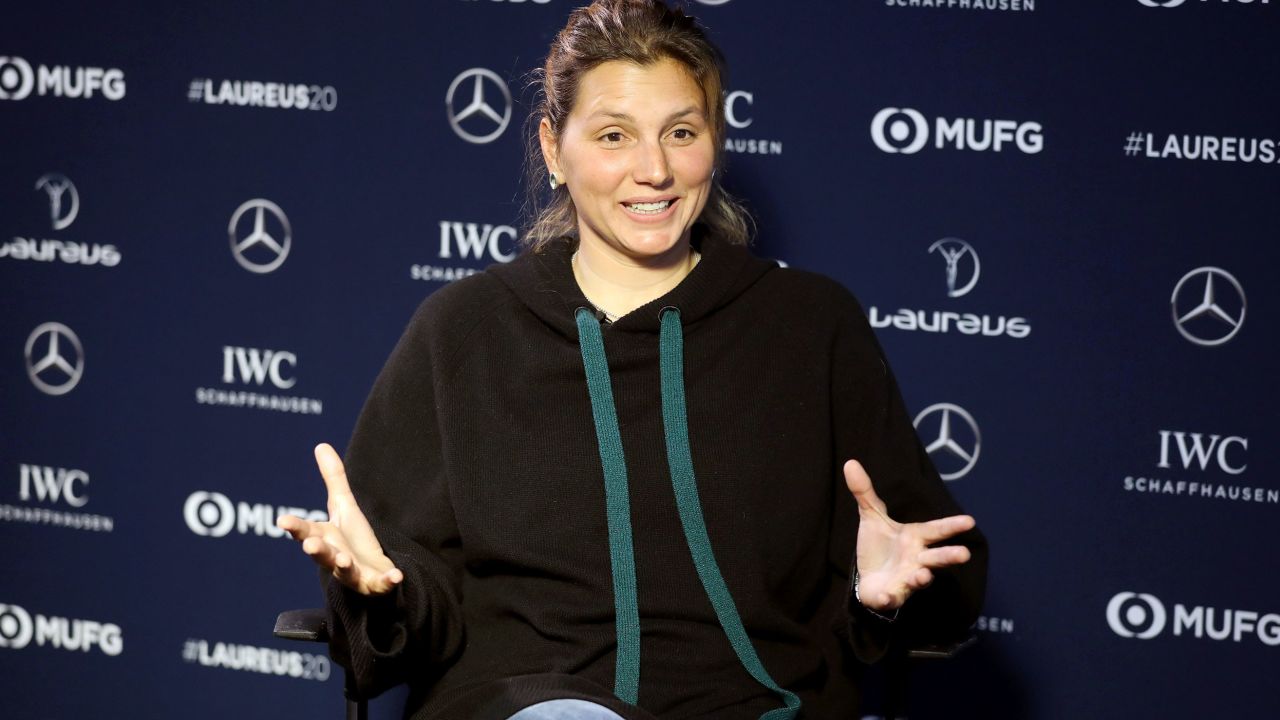 Maya Gabeira speaks at the Laureus World Sports Awards in Berlin in February 2020.