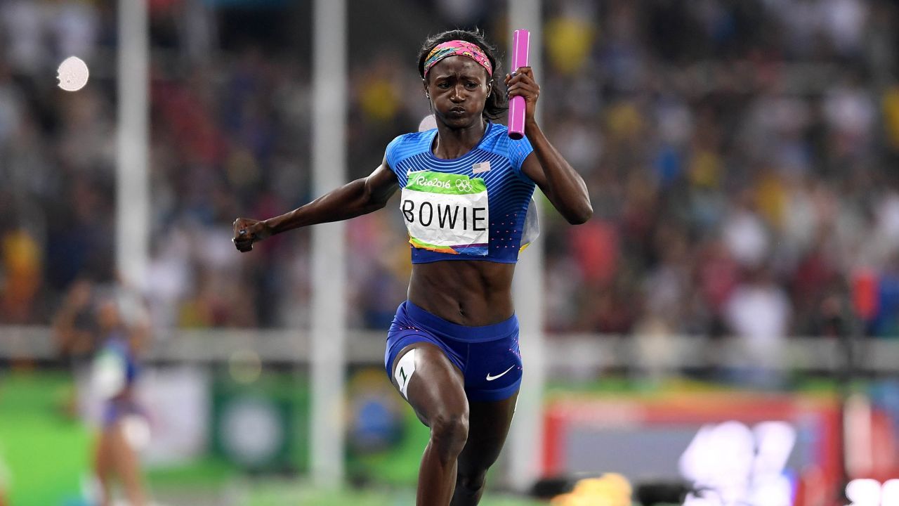 Bowie competes in the 4x100-meter relay at the Rio Olympics.