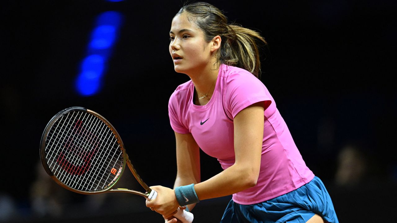 Raducanu in action during her round of 32 match against Latvia's Jelena Ostapenko at the Stuttgart Open.