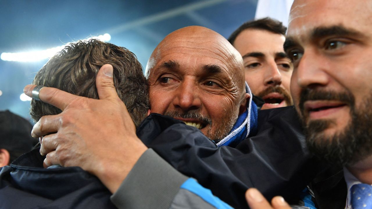 Napoli manager Luciano Spalletti celebrates winning Serie A.