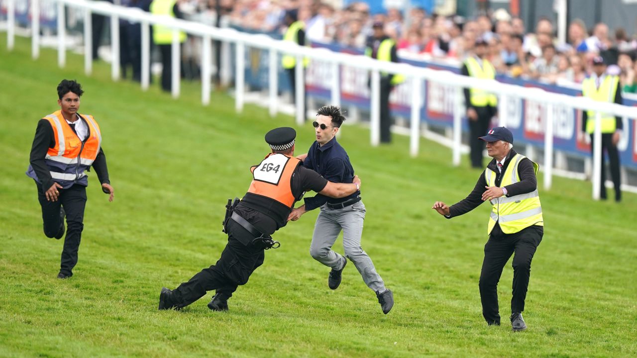 A protestor was tackled by police and stewards on the racetrack.