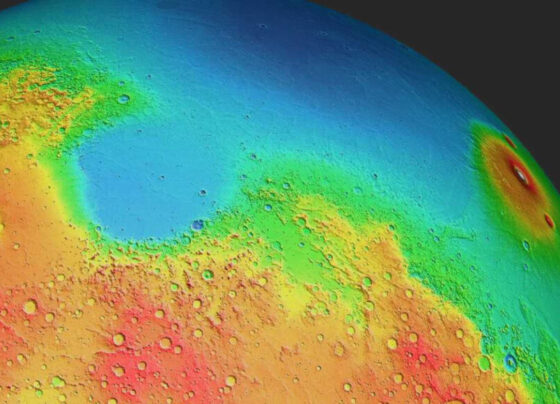 Mars' northern hemisphere, shown in false color that highlights lowlands near the north pole