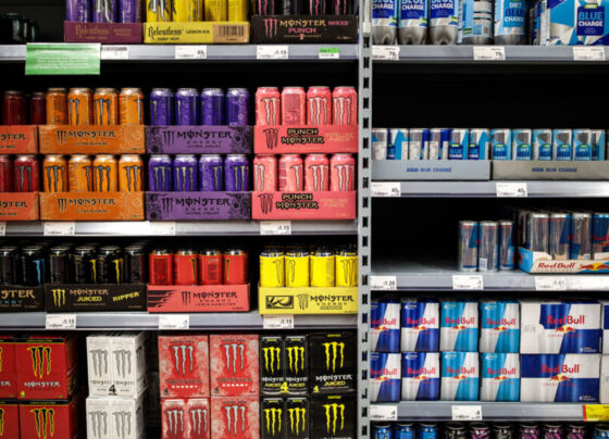 A photo of several different flavors of Monster, Red Bull and other energy drinks sitting on grocery store shelves.