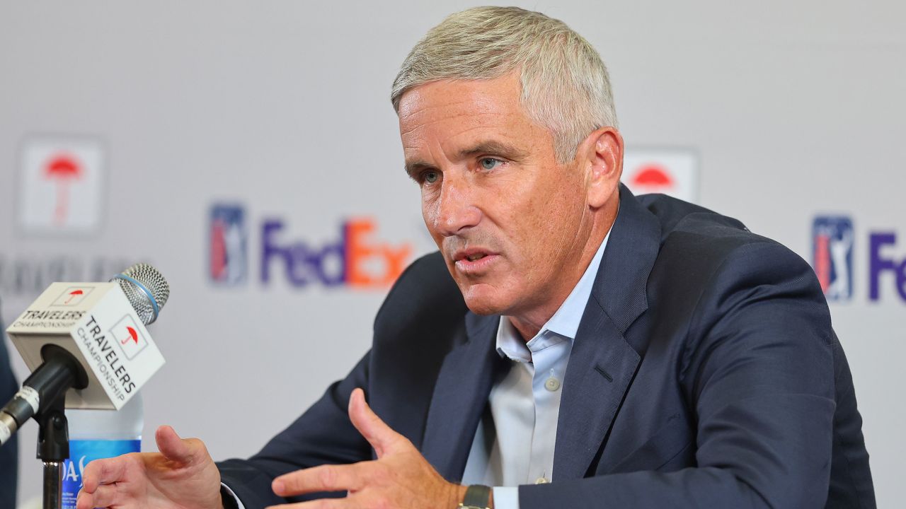 Jay Monahan addresses the media during a news conference prior to the Travelers Championship at TPC River Highlands on June 22, 2022.