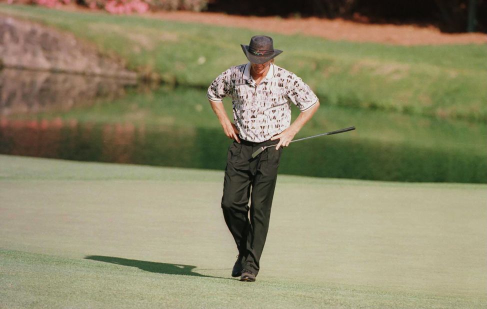 <strong>Greg Norman, The Masters (1996)</strong> Nicknamed "The Great White Shark," Norman saw defeat snatched from the jaws of victory at The Masters in 1996. Having led all three rounds and carrying a six-shot lead over Nick Faldo into the final round, the Australian still had a healthy four-stroke lead over the Englishman with 11 to play at Augusta. Faldo didn't even have to make a birdie to surge into a two-shot lead just four holes later, as Norman sunk with three straight bogeys and a double bogey. Norman bit back with two birdies over the next three holes, but his fate was sealed with another double bogey at the 16th, as Faldo cruised to his sixth major with a five-shot cushion.