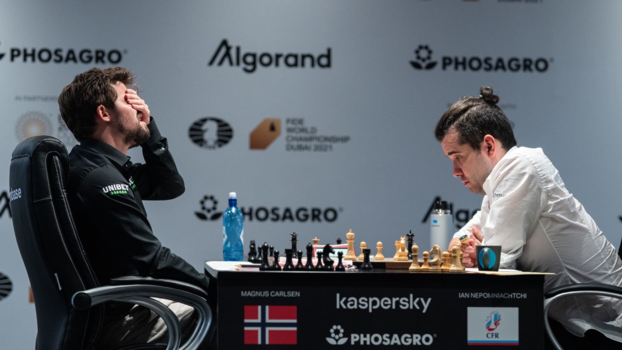 Magnus Carlsen reacts with relief when he realizes he will beat Ian Nepomniachtchi after over seven-and-a-half hours of intense play in game six of the 2022 World Champhionships.