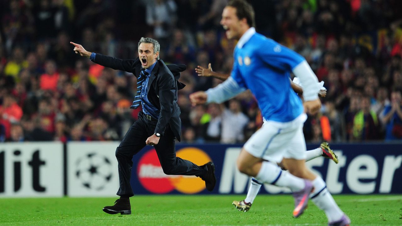 Jose Mourinho celebrates after Inter Milan reaches the 2010 Champions League final.