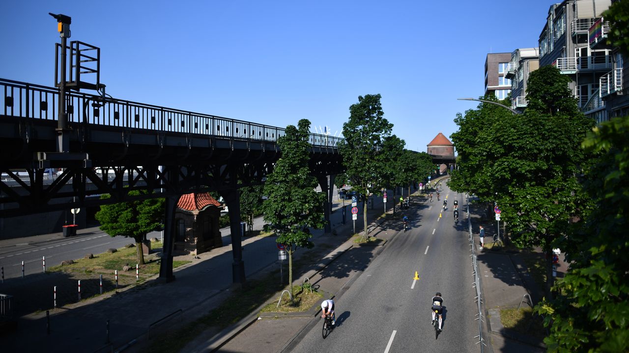 Athletes compete in the 112-mile bike section in Hamburg.