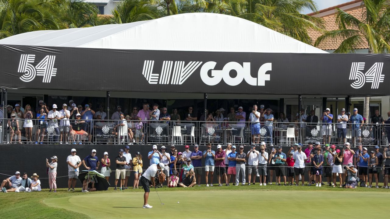 Brooks Koepka putts on the 18th green during the team championship stroke-play round of the LIV Golf event at Trump National Doral Miami on October 30, 2022.