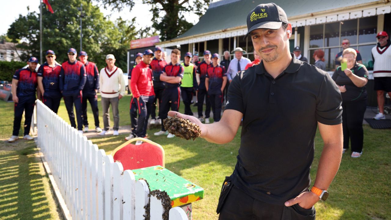 June 7, 2023, Cork, Munster, Ireland: VIDEO AVAILABLE: CONTACT INFO@COVERMG.COM TO RECEIVE**..Cricketers in Ireland were bowled over on Wednesday (07June2023) as they were forced to throw themselves to the ground to escape a marauding swarm of bees...Play was stopped during the Cricket Ireland Inter-Provincial Twenty20 Trophy match between Munster Reds and the Northern Knights at The Mardyke in Cork in the 11th over of the first innings...The swarm of stingers sent Reds batters, Warriors fielders, and spectators scrambling for cover - delaying the match by over an hour as a beekeeper had to be summoned to remove the belligerent insects...Explaining the unusual stoppage, a spokesperson for Cricket Ireland said: ‚ÄúAll the players and umpires lay down on the ground as the swarm came across to the pavilion and they swarmed around the side of the clubhouse before eventually settling on the fence in front of the pavilion. ..‚ÄúObviously it was too dangerous to continue with play due to the fact a ball could hit the hive and the bees could attack, so play was suspended.‚Äù..The reason why the bees swarmed has left officials stumped - but help was at hand as a specialist was called in to remove the bees from the field...‚ÄúThe club contacted a local beekeeper,‚Äù the spokesperson said. ‚ÄúAfter about 40 minutes or so Mauro Dias from Buzz of Nature (Bee rescue specialists) arrived and managed to secure the Queen bee and put her in a box and waited for the family to join her. After a break of an hour and a half, the bees were brought away.‚Äù..After the delay, the match was reduced to 12 overs per side, with the Warriors left buzzing after running out the winners by seven wickets - chasing down a target of 129 with eight balls to spare...Where: Cork, Munster, Ireland.When: 07 Jun 2023.Credit: Oisin Keniry/Cricket Ireland/Cover Images..**EDITORIAL USE ONLY. MATERIALS ONLY TO BE USED IN CONJUNCTION WITH  (Credit Image: © Cover Images via ZUMA Press