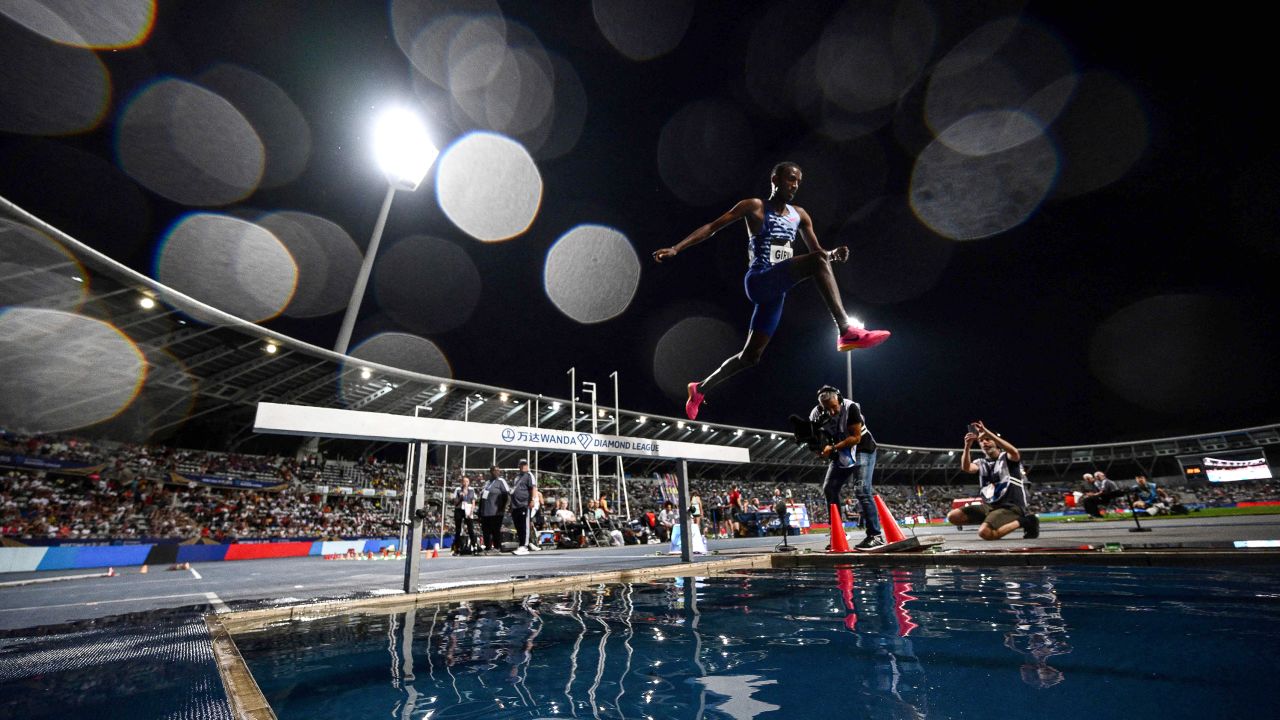 Ethiopia's Lamecha Girma competes in the men's 3000m steeplechase event during the IAAF Diamond League "Meeting de Paris" athletics meeting at the Charlety Stadium in Paris on June 9, 2023.