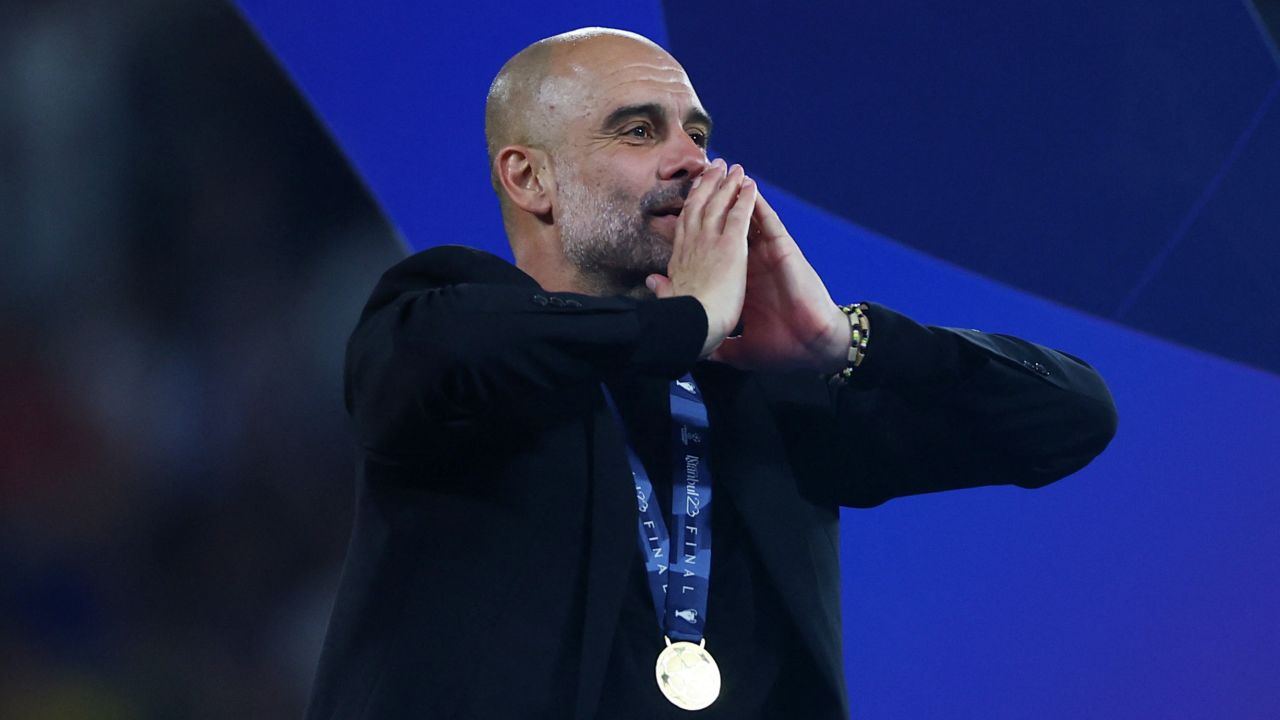 Soccer Football - Champions League Final - Manchester City v Inter Milan - Ataturk Olympic Stadium, Istanbul, Turkey - June 11, 2023
Manchester City manager Pep Guardiola celebrates after winning the Champions League REUTERS/Matthew Childs