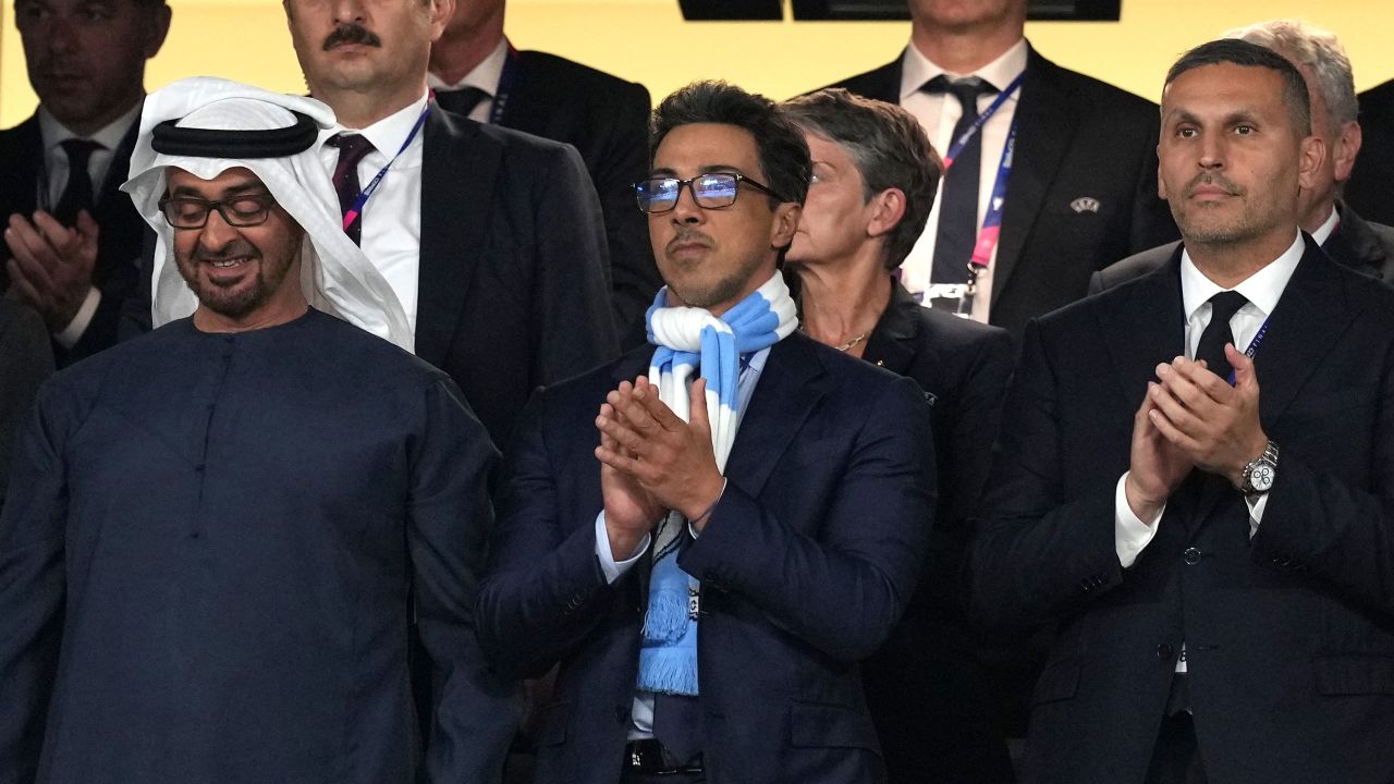 Manchester City owner Sheikh Mansour bin Zayed bin Sultan Al Nahyan (centre) and chairman Khaldoon Khalifa Al Mubarak (right) during the UEFA Champions League final match at the Ataturk Olympic Stadium, Istanbul. Picture date: Saturday June 10, 2023. (Photo by Martin Rickett/PA Images via Getty Images)