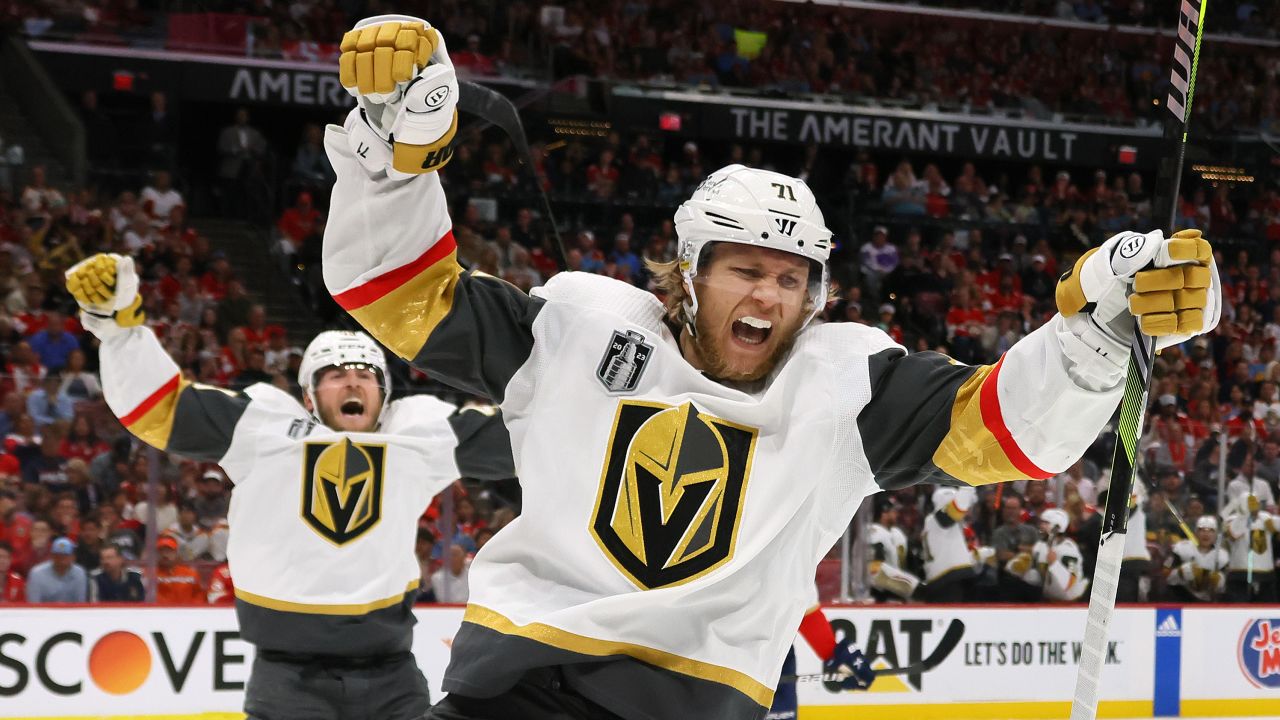 William Karlsson #71 of the Vegas Golden Knights celebrates after scoring a goal against the Florida Panthers during the second period in Game Four of the 2023 NHL Stanley Cup Final at FLA Live Arena on June 10, 2023 in Sunrise, Florida.