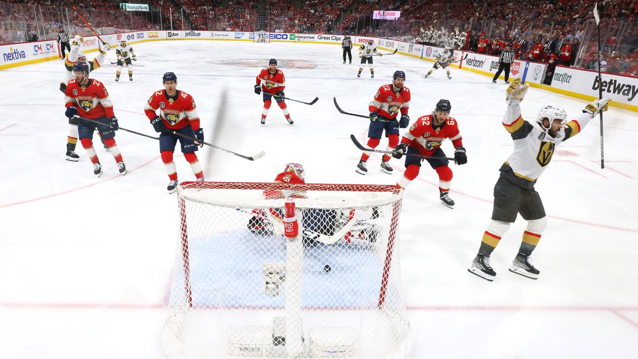 Chandler Stephenson #20 of the Vegas Golden Knights scores a goal past Sergei Bobrovsky #72 of the Florida Panthers during the first period in Game Four of the 2023 NHL Stanley Cup Final at FLA Live Arena on June 10, 2023 in Sunrise, Florida.