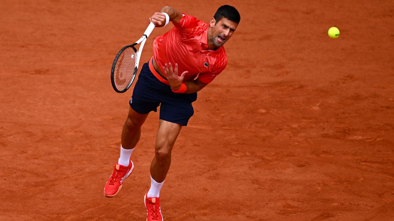 Novak Djokovic of Serbia serves against Casper Ruud of Norway during the Men's Singles Final match on Day Fifteen of the 2023 French Open at Roland Garros on June 11, 2023 in Paris, France.