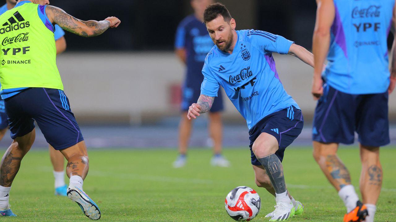 Argentina's Lionel Messi  trains at the Beijing Olympic Stadium on June 11, 2023.