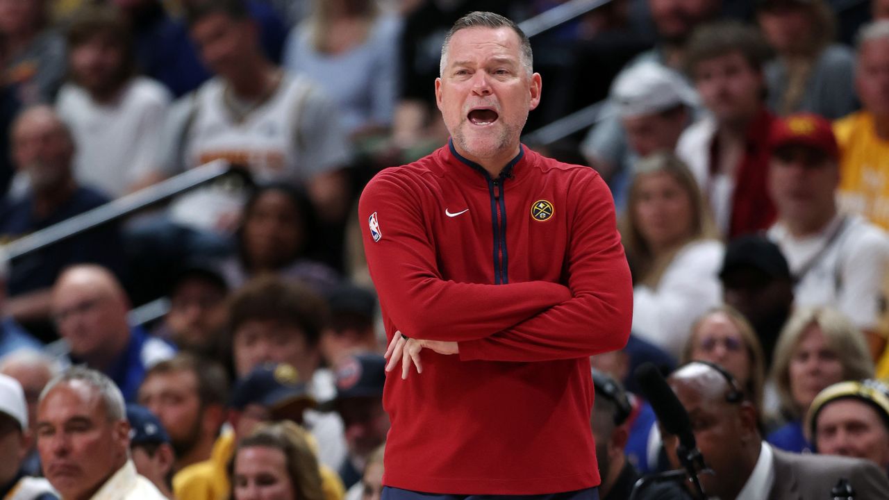 DENVER, COLORADO - JUNE 04: Head coach Michael Malone of the Denver Nuggets looks on during the third quarter against the Miami Heat in Game Two of the 2023 NBA Finals at Ball Arena on June 04, 2023 in Denver, Colorado. NOTE TO USER: User expressly acknowledges and agrees that, by downloading and or using this photograph, User is consenting to the terms and conditions of the Getty Images License Agreement. (Photo by Matthew Stockman/Getty Images)