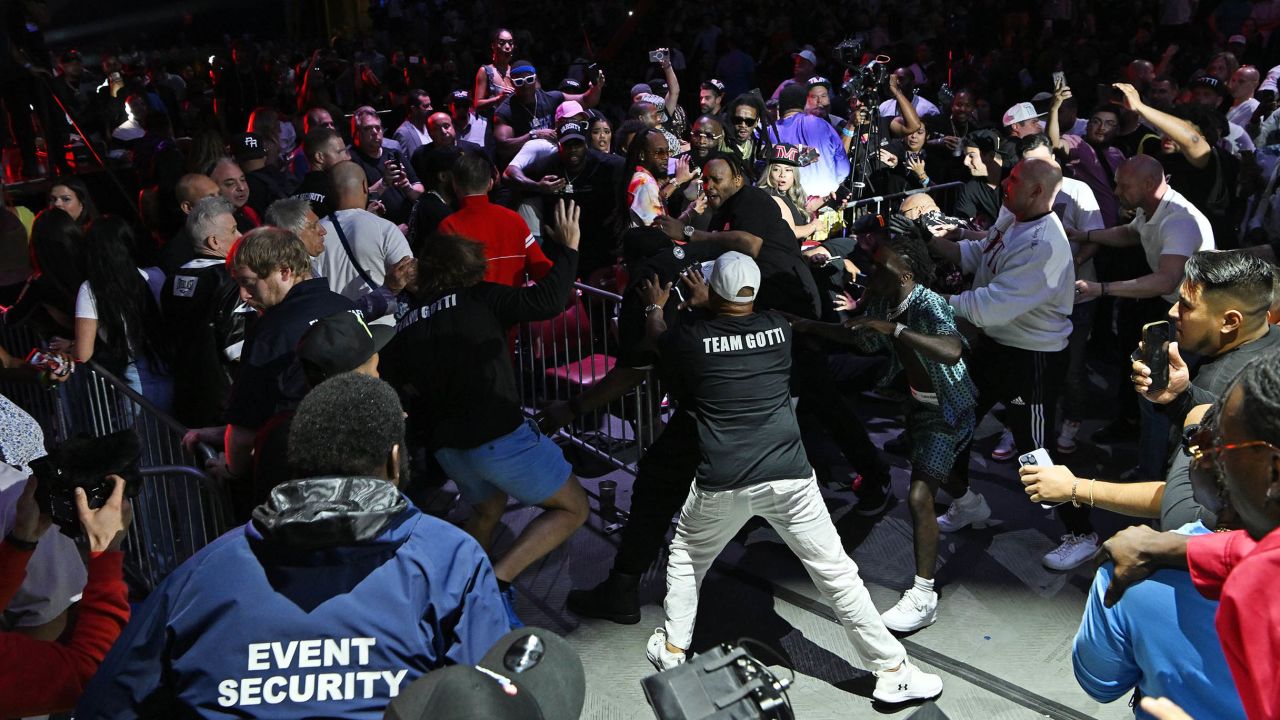 Mandatory Credit: Photo by Larry Marano/Shutterstock (13961154ap)
The fight was stopped early, as chaos erupts after both camps got involved and fans entered the ring during Floyd Mayweather Vs John Gotti III
Floyd Mayweather v John Gotti III at The FLA Live Arena, Sunrise, Florida, USA - 11 Jun 2023