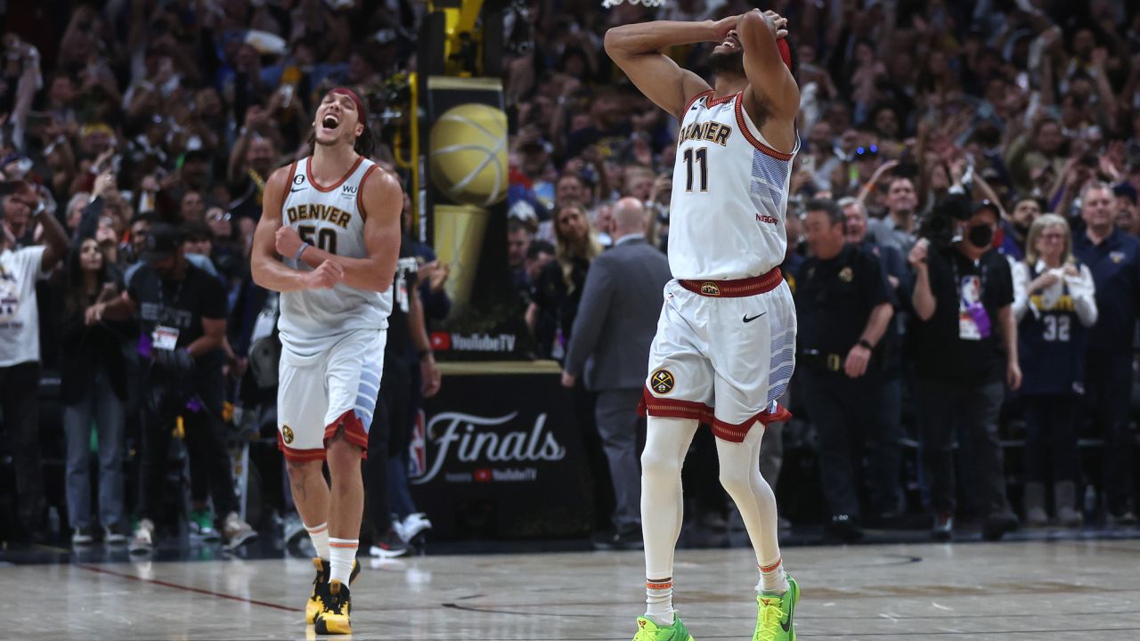 Bruce Brown and Aaron Gordon celebrate after beating the Miami Heat.