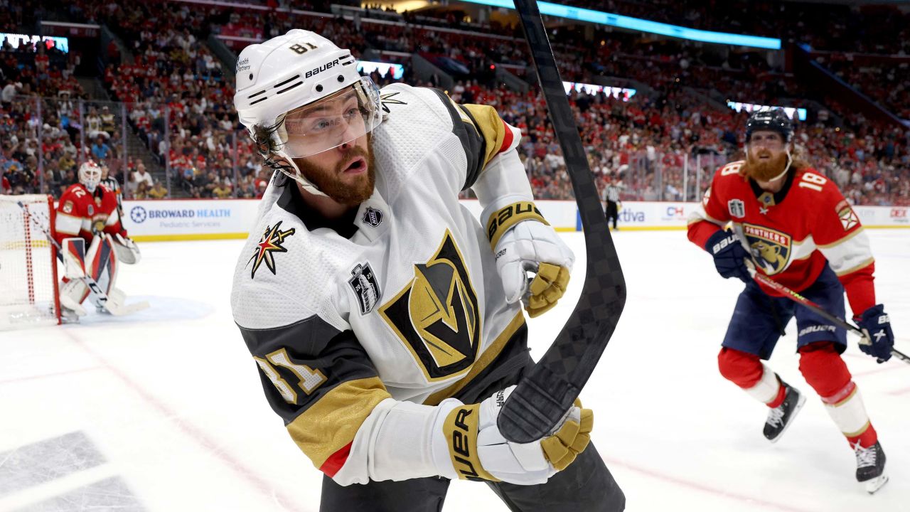 SUNRISE, FLORIDA - JUNE 10: Jonathan Marchessault #81 of the Vegas Golden Knights loses his stick near Marc Staal #18 of the Florida Panthers during the third period of Game Four of the 2023 NHL Stanley Cup Final at FLA Live Arena on June 10, 2023 in Sunrise, Florida. (Photo by Dave Sandford/NHLI via Getty Images)