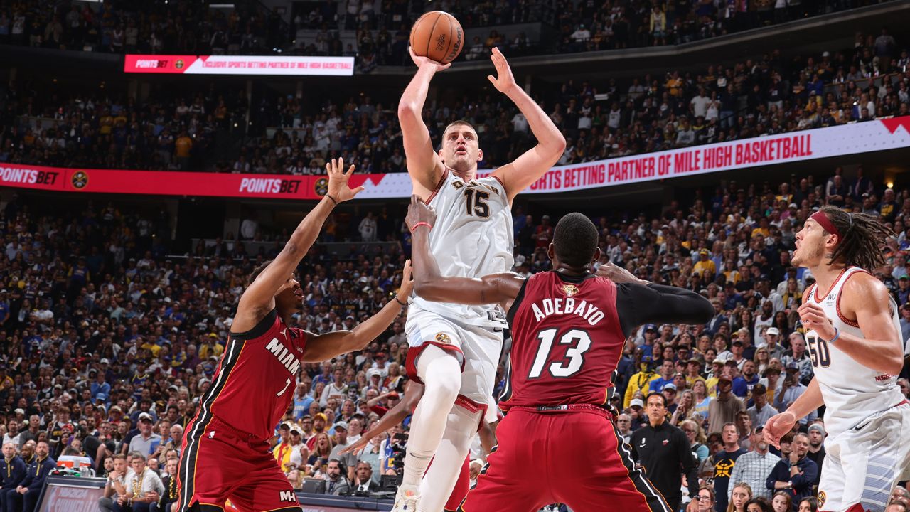 DENVER, CO - JUNE 12: Nikola Jokic #15 of the Denver Nuggets shoots the ball during the game against the Miami Heat during Game Five of the 2023 NBA Finals on June 12, 2023 at Ball Arena in Denver, Colorado. NOTE TO USER: User expressly acknowledges and agrees that, by downloading and or using this Photograph, user is consenting to the terms and conditions of the Getty Images License Agreement. Mandatory Copyright Notice: Copyright 2023 NBAE (Photo by Nathaniel S. Butler/NBAE via Getty Images)