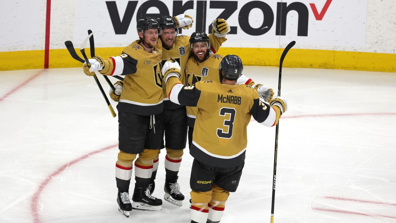 Ivan Barbashev #49 of the Vegas Golden Knights celebrates a goal with teammates during the third period.