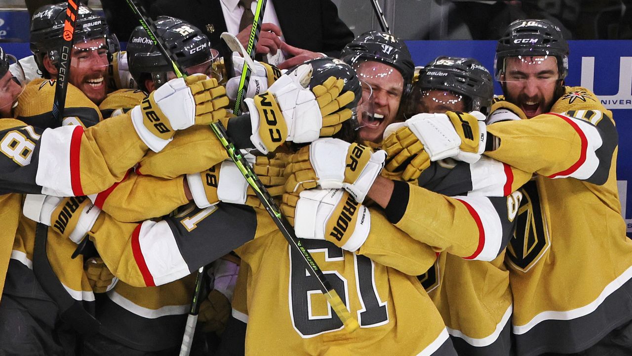 Mark Stone #61 of the Vegas Golden Knights celebrates after scoring an empty-net hat trick goal.